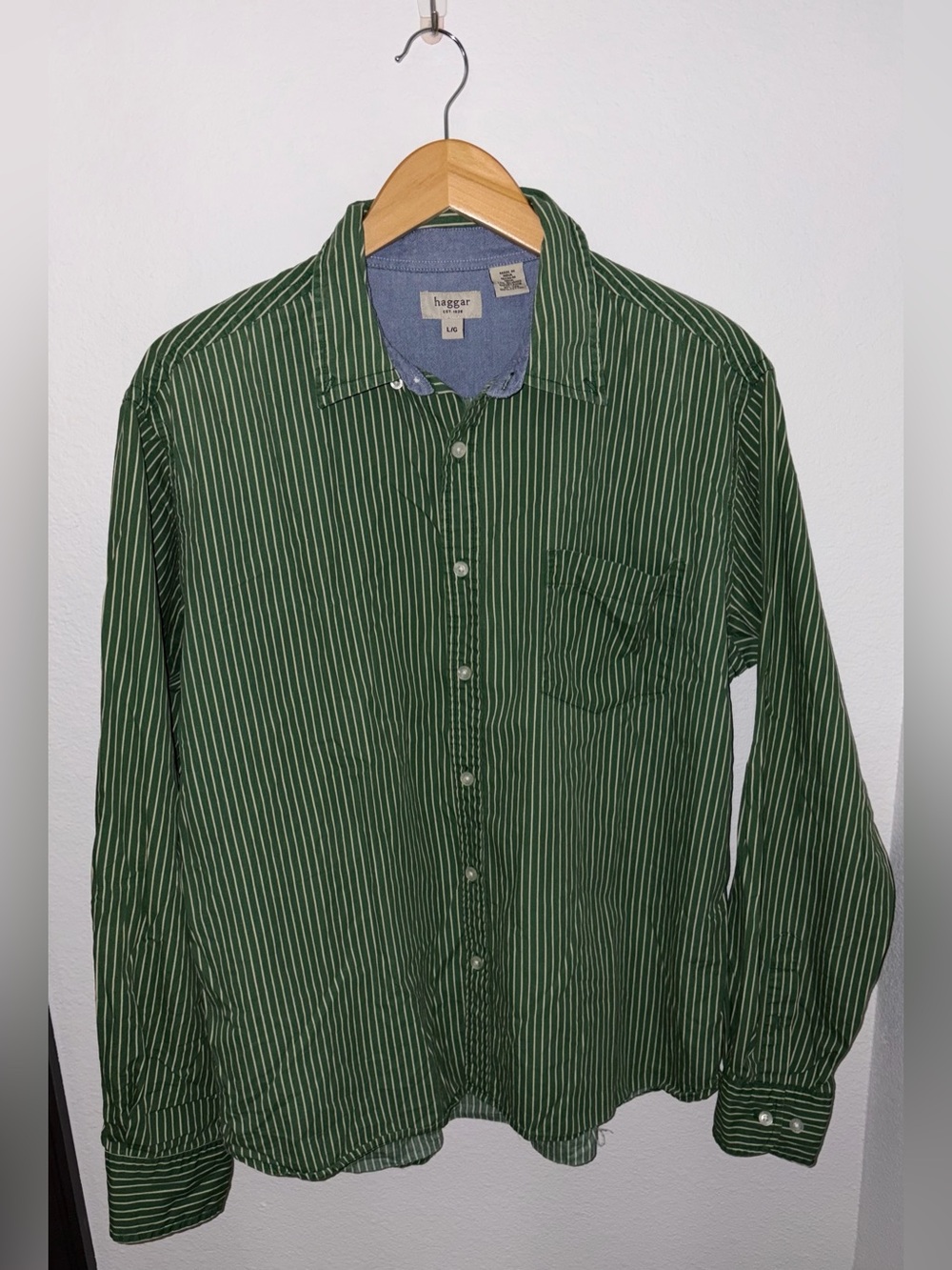 Haggar Green and White Striped Long-Sleeve Button-Down Shirt